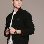 Men Black Solid Denim Jacket