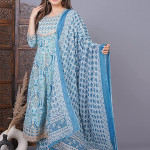 Women's Cotton Printed Anarkali Kurta with Palazzo & Dupatta Set with Handwork